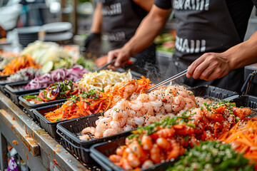 Obraz premium A man is cooking food on a table with many different types of food