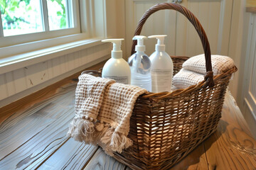 Fototapeta premium A basket of towels and bottles of lotion and soap. The basket is on a wooden table