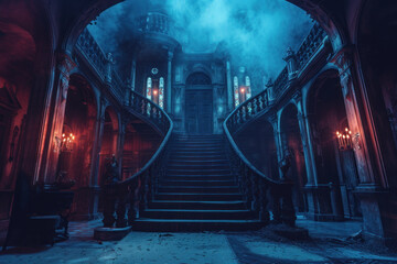 A grand staircase in a haunted mansion enveloped by blue mist and eerie lighting, creating a sense of foreboding and mystery.