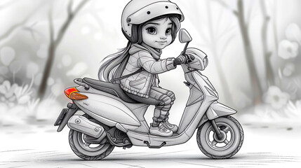 Naklejka premium black and white illustration of a girl on a motorcycle, coloring book for children