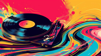 pop art 60s psychedelic colorful trippy retro style image of vinyl record album on a turntable with music coming out of it in waves and dance party atmosphere background