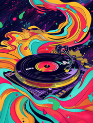 pop art 60s psychedelic colorful trippy retro style image of vinyl record album on a turntable with...