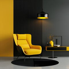 Beautiful and sophisticated living room in minimalist style in yellow and black colors matching your furniture