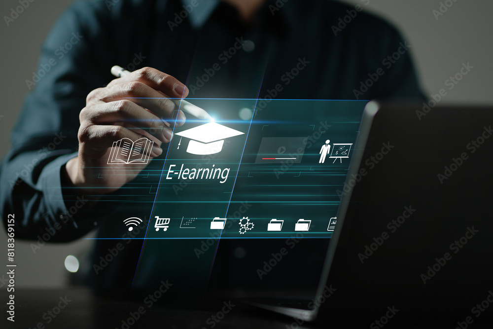 Poster concept of online education. man use online education training and e-learning webinar on internet fo
