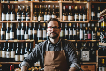 Attractive male wine sommelier in stylish apron sits in front of shelves filled with bottles