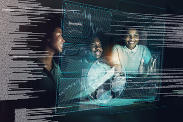 Business, people and statistics overlay or analytics information with global growth, map or happy. Man, woman and data charts for investment project with world brainstorming, graphs or futuristic