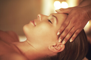 Hands, woman and head massage at spa for wellness, health or relax for hospitality at resort....