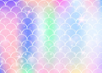Kawaii mermaid background with princess rainbow scales pattern. Fish tail banner with magic sparkles and stars. Sea fantasy invitation for girlie party. Creative kawaii mermaid backdrop.