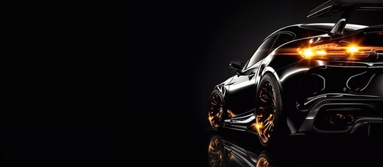 Dramatic Rear View of Black Sports Car with Glowing Tail Lights on Dark Background. Generative ai