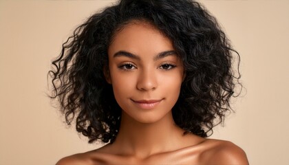 A young Black woman with natural curly hair, wearing a sleek black dress, looking gracefully