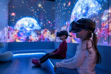 Children Engaged in Virtual Reality Experience at Interactive Learning Center During Afternoon Session