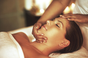 Woman, relax and head massage at spa with beauty facial, peace and skincare for health healing on...