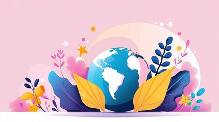 A beautiful and colorful illustration of the Earth, surrounded by lush greenery and delicate flowers