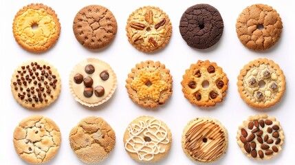 Collection of round cookie cookies biscuit, classic and nut set, on white background cutout file. Many assorted different design. Mockup template for artwork design