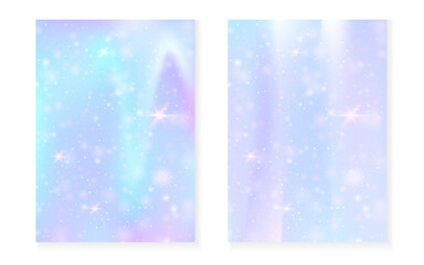 Magic background with princess rainbow gradient. Kawaii unicorn hologram. Holographic fairy set. Vibrant fantasy cover. Magic background with sparkles and stars for cute girl party invitation.