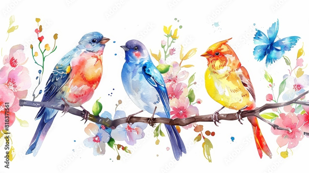 Wall mural set various small winter birds on a branch of watercolors on white background