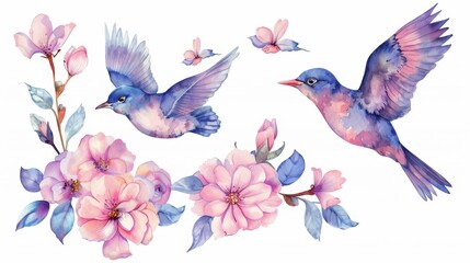 set various small winter birds on a branch of watercolors on white background	
