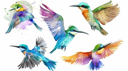 set various small winter birds on a branch of watercolors on white background	
