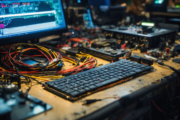 Сomputer hardware and electronics in repair workshop