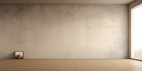 A detailed high-resolution image of an empty room, adorned with an abstract art piece resembling a child's drawing, showcasing minimalistic design and texture. 