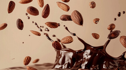 Obraz premium Nuts and chocolate splash, food dessert and confectionery industry
