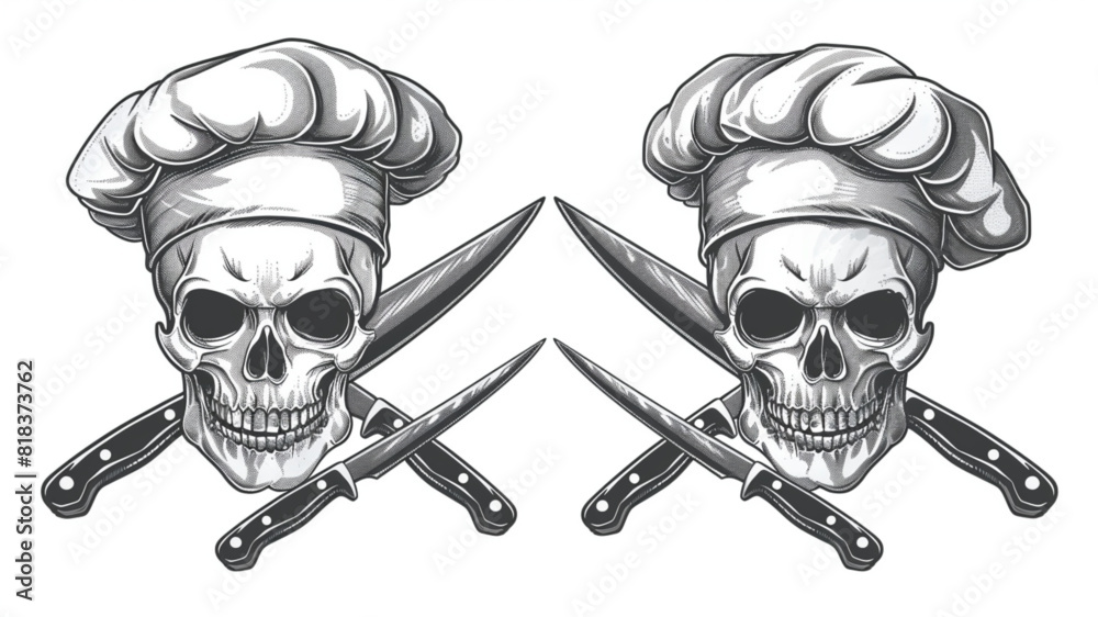 Wall mural chef skull and crossed knives. cooking, food preparation concept. hand drawn sketch vintage vector i - Wall murals