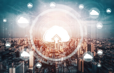 Cloud computing technology and online data storage for business network concept. Computer connects...