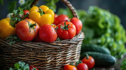 A wicker basket filled with fresh, organic vegetables, including tomatoes, peppers, and cucumbers