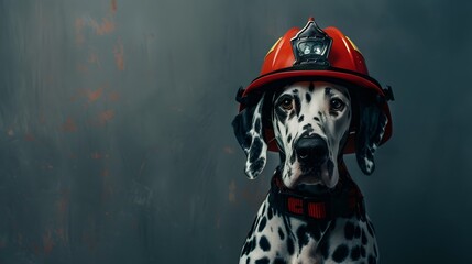 A Dalmatian dog wearing a firefighter helmet poster with copy space