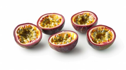 Group of passion fruit halves isolated on white background