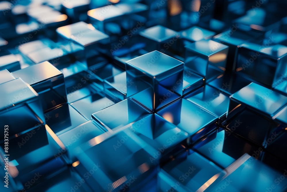 Poster this image showcases a multitude of geometric blue cubes with dynamic light reflections, creating a 