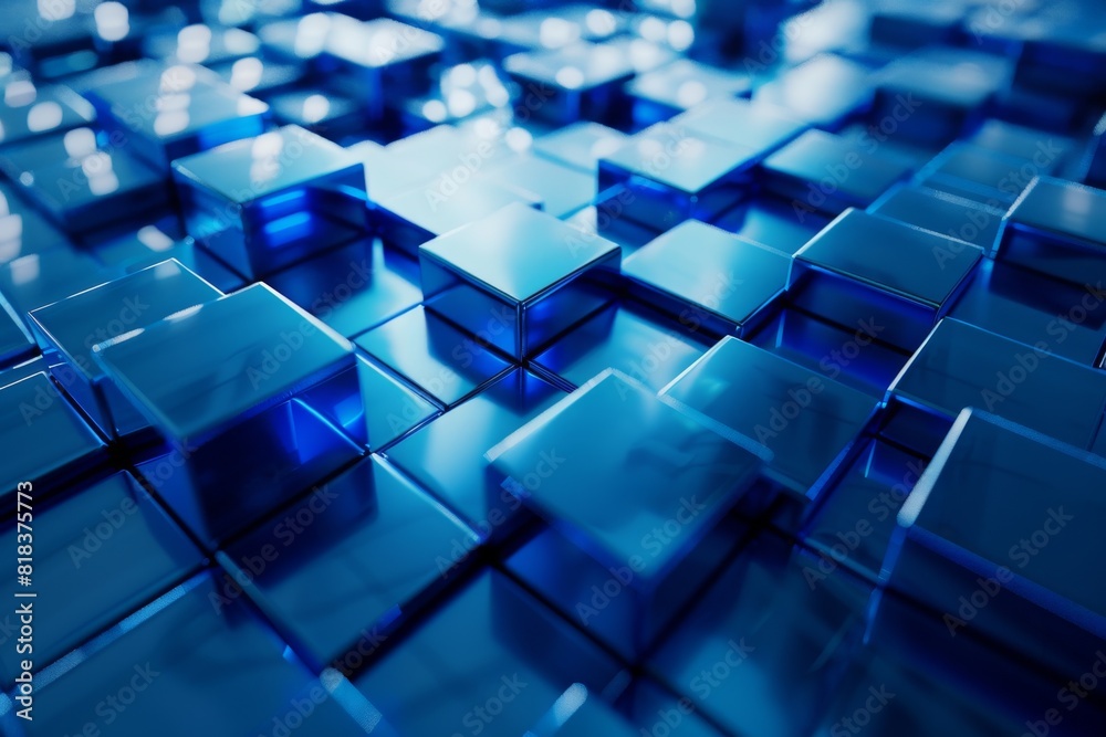 Poster graphic image with an abstract pattern of reflective blue cubes with a sense of depth and technology