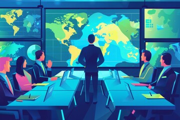 A modern illustration of a business team in a meeting room with a world map