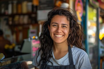Cheerful young woman with curly hair posing at a retail counter with a genuine and inviting smile