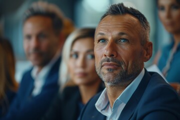 Obraz premium Close-up of a confident businessman attentively listening during a business meeting or seminar