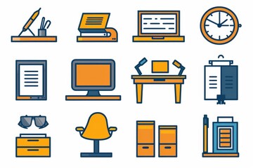 A curated set of vector icons featuring office equipment, furniture, and time management tools in blue and orange