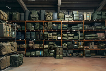 Military storage room with equipment and supplies