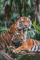 Um lindo casal de tigres em uma fotografia profissional de floresta tropical