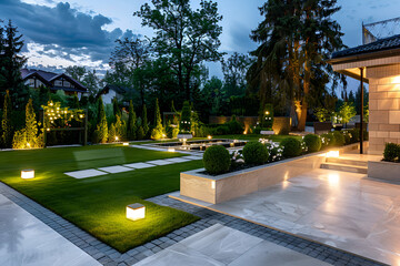 Marble tile playground in the night backyard of mansion with flowerbeds and lawn with ground lamp...