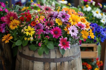 wooden barrel overflowing with colourful flowers