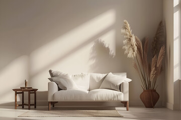 Minimalist modern living room interior background, living room mock up in Scandinavian style, empty wall mockup, 3d rendering