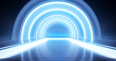 Futuristic tunnel illuminated by bright, neon blue lights. Sleek design and radiant glow that emanates from circular light patterns on walls and floor, concept of advanced technology and innovation