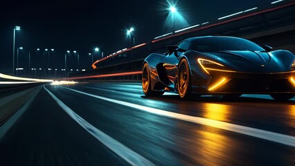 Futuristic Sports Car On Highway. Powerful acceleration of a supercar on a night track with lights and trails - Powered by Adobe