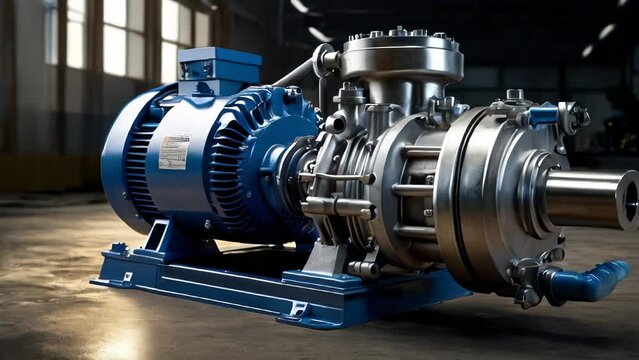 Blue industrial water pump with asynchronous electric motor on a dark background