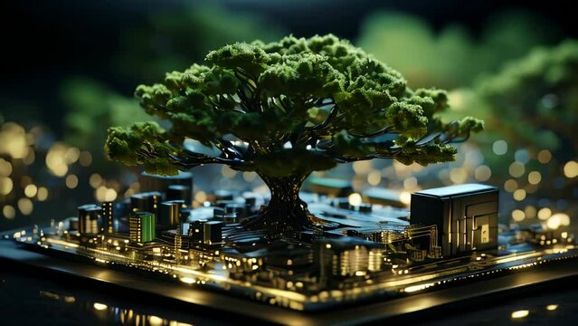 Green tree on microcircuit board. Biotechnology and science concept background
