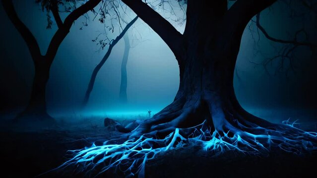 Blue energy roots imbued with energy, abstract background illustration of a tree in the dark