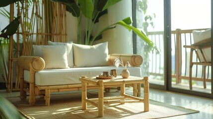 A beautiful living room with a bamboo sofa, coffee table, and rug. The room is decorated with...