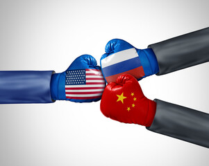 USA Versus Russia China as a strategic economic and political partnership and foreign policy alliance to compete with American government policies or trade war and sanctions issues.