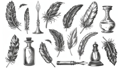 Feather quill pen in inkwell. Hand drawn sketch illustration in vintage engraving 3d avatrs set vector icon, white