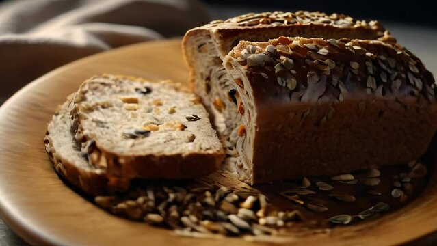 Multigrain Bread Loaf on Ceramic Plate.,Sliced multigrain bread with a variety of seeds and grains